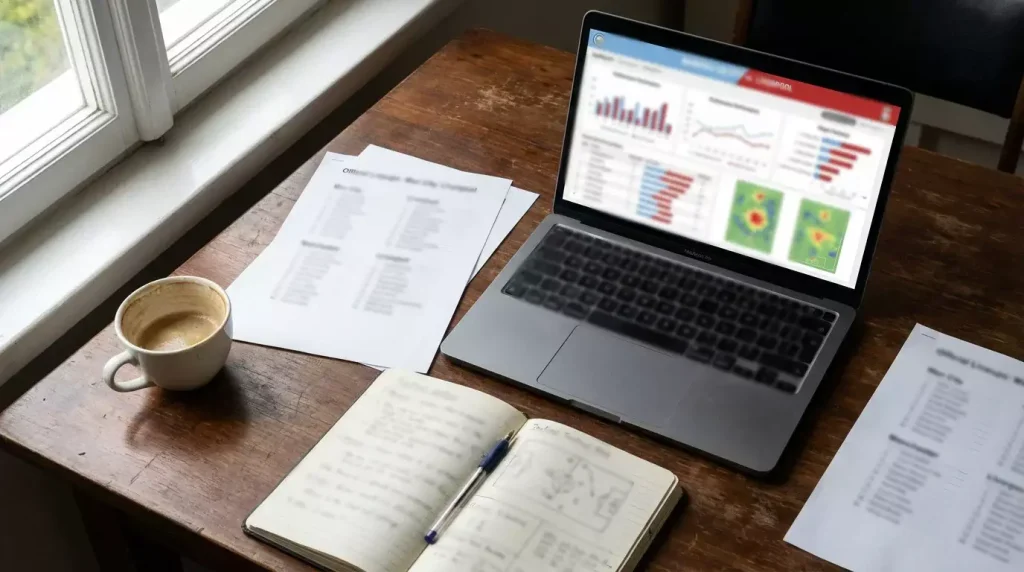 Mesa de trabajo con informes estadísticos de equipos de fútbol y un portátil abierto con datos