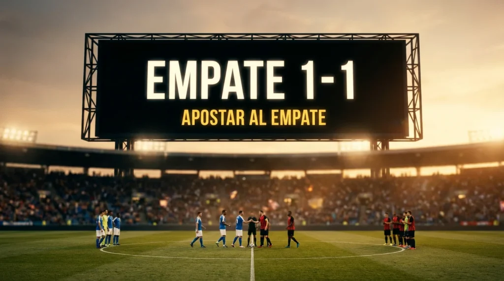 Marcador de estadio de fútbol mostrando un empate con ambos equipos celebrando en el campo