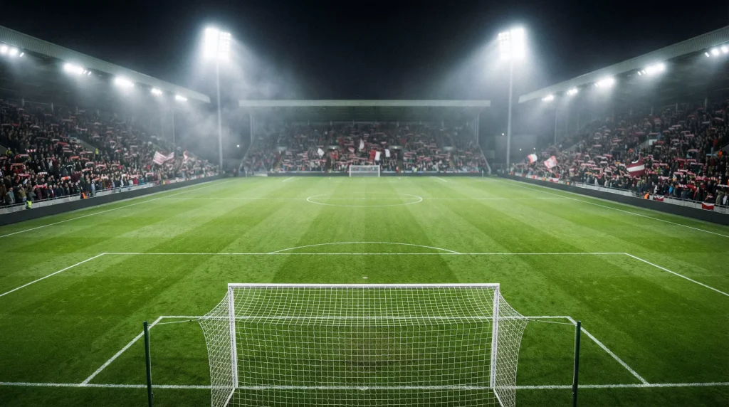 Partido de fútbol en un estadio con aficionados animando y el campo iluminado de noche