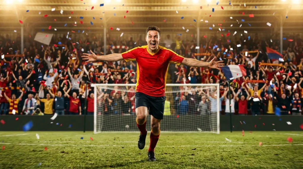 Jugador de fútbol celebrando un gol con los brazos abiertos frente a la grada llena de aficionados