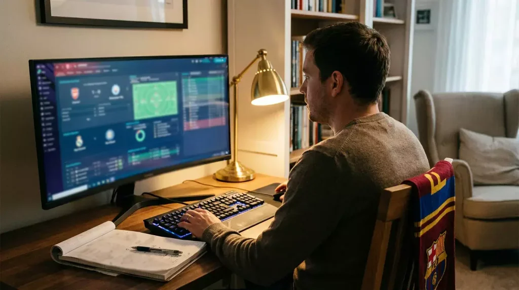 Persona analizando varios partidos de fútbol en una pantalla con estadísticas deportivas