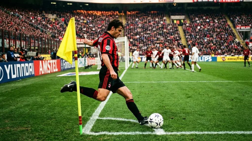 Jugador de fútbol lanzando un saque de esquina en un estadio lleno de aficionados