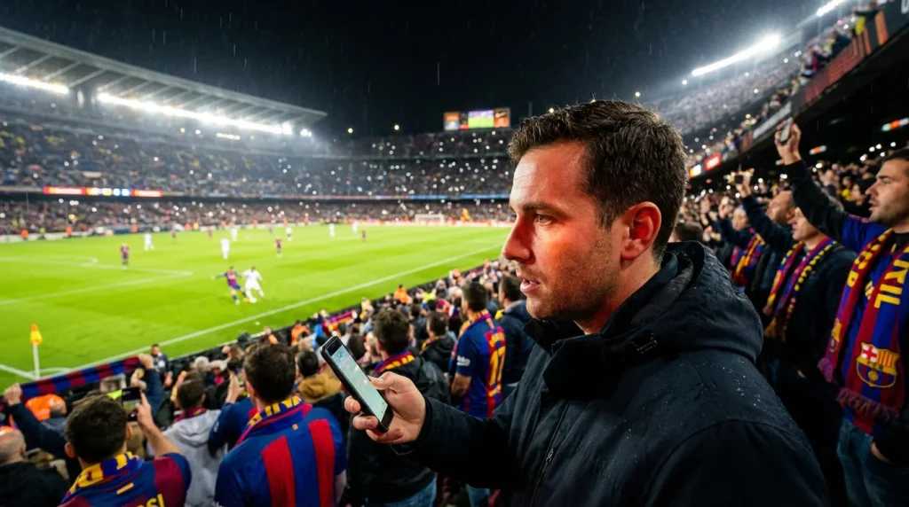 Aficionado viendo un partido de fútbol en directo en el estadio mientras consulta su móvil