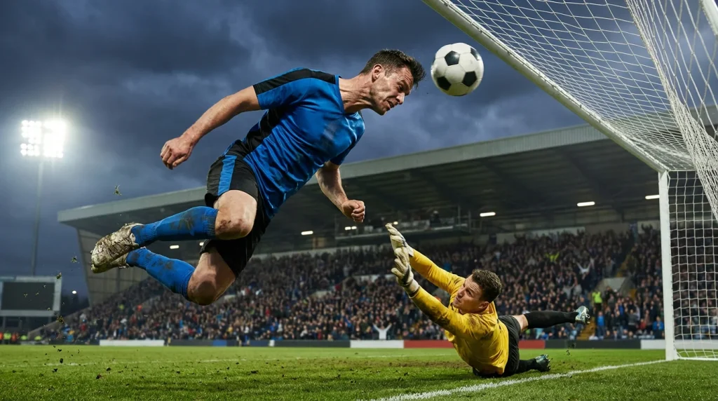 Delantero de fútbol rematando de cabeza frente a la portería rival durante un partido