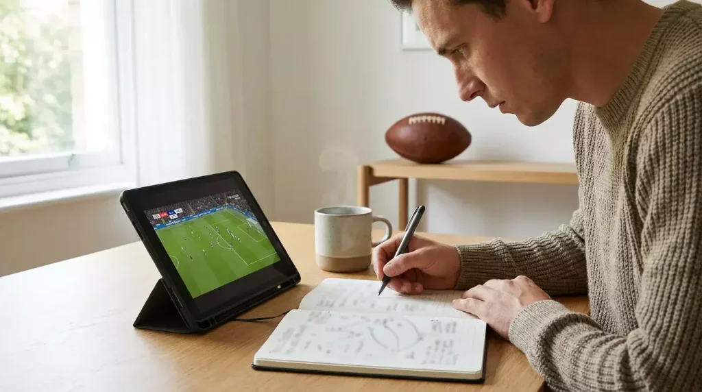 Persona tomando notas sobre estrategia de apuestas con un partido de fútbol de fondo en televisión