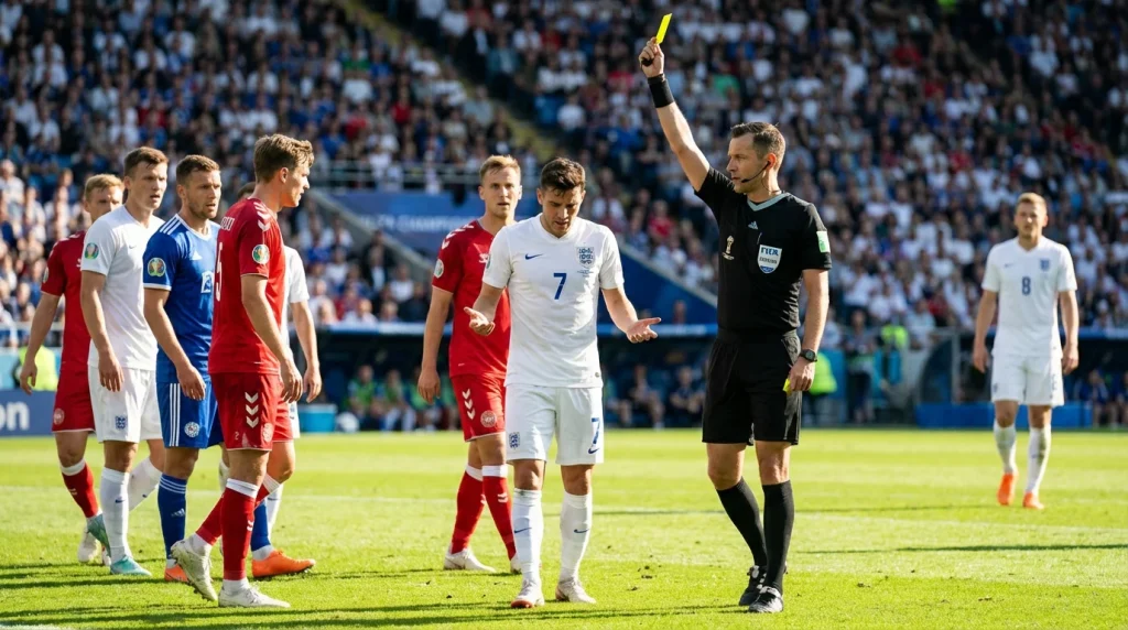 Árbitro de fútbol mostrando una tarjeta amarilla a un jugador en el campo de juego