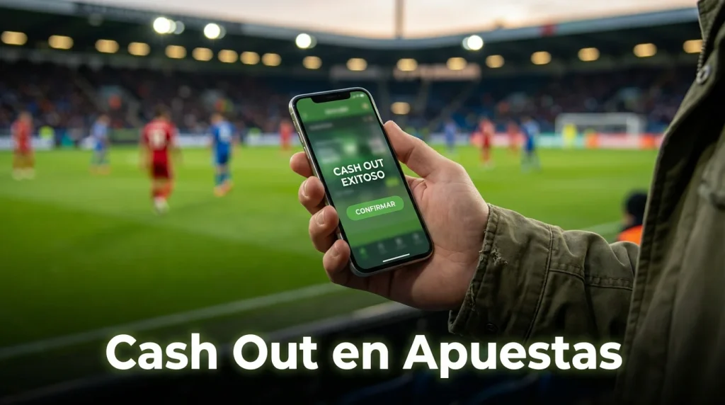 Mano de una persona sobre un teléfono móvil mostrando una pantalla de apuestas deportivas en un estadio