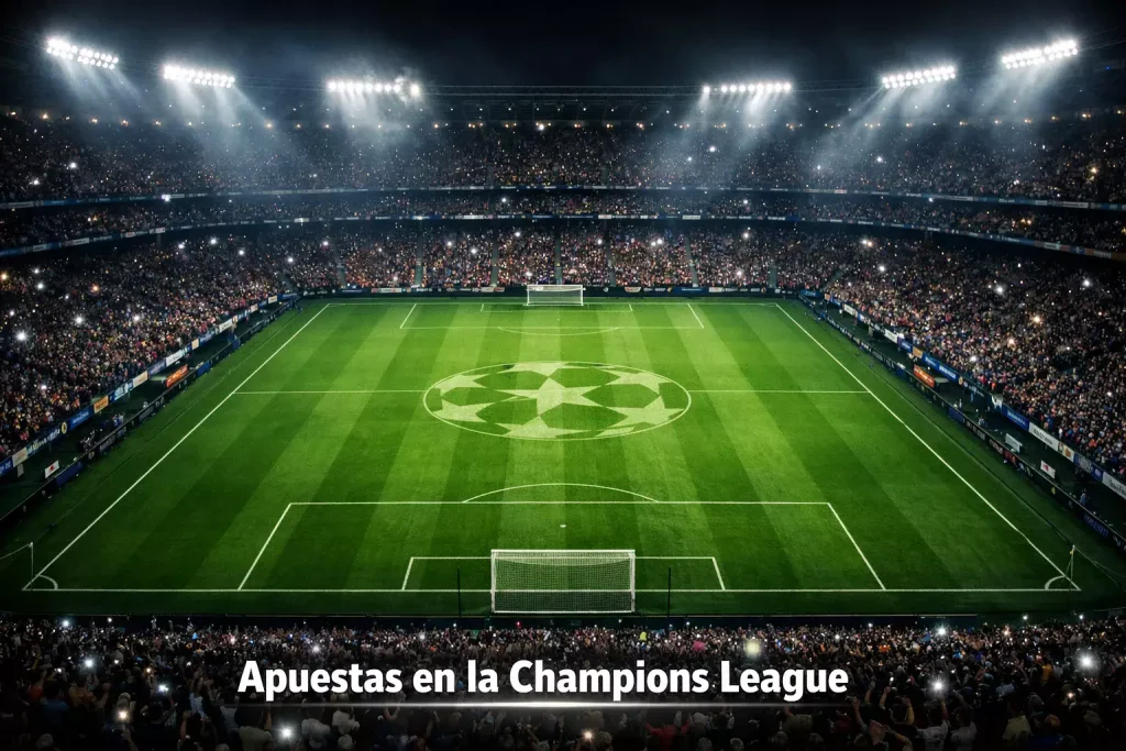 Estadio de fútbol iluminado durante un partido nocturno de Champions League con césped verde intenso