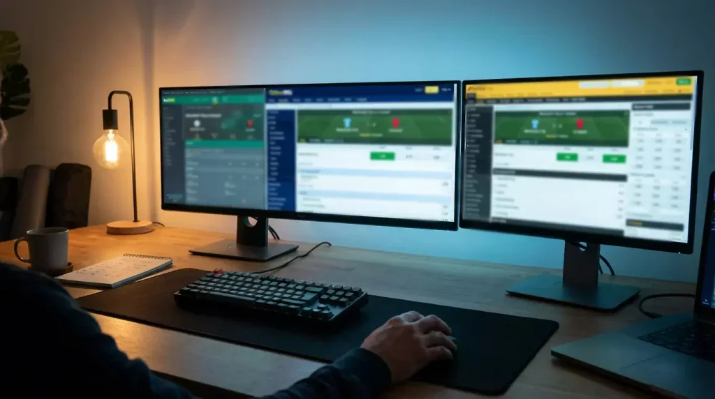 Varias pantallas mostrando diferentes cuotas de apuestas deportivas de fútbol lado a lado