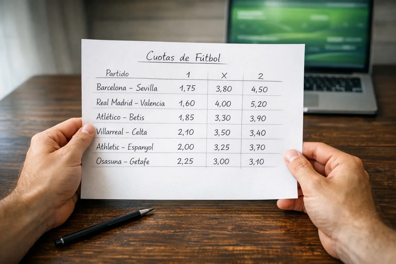 Persona analizando cuotas decimales de apuestas de fútbol en una hoja de papel junto a un portátil