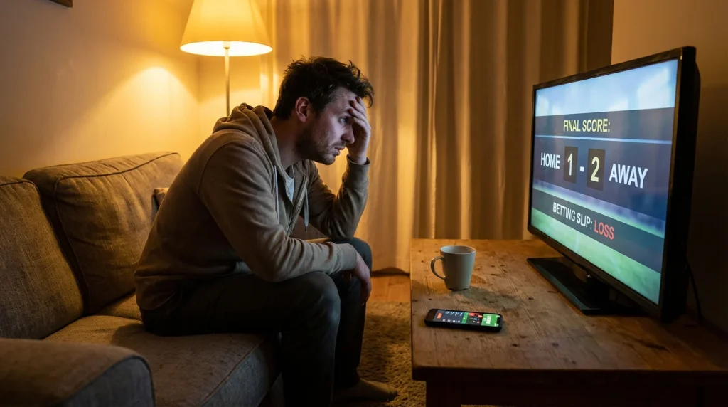 Aficionado frustrado frente a una pantalla con resultados de partidos de fútbol en un salón