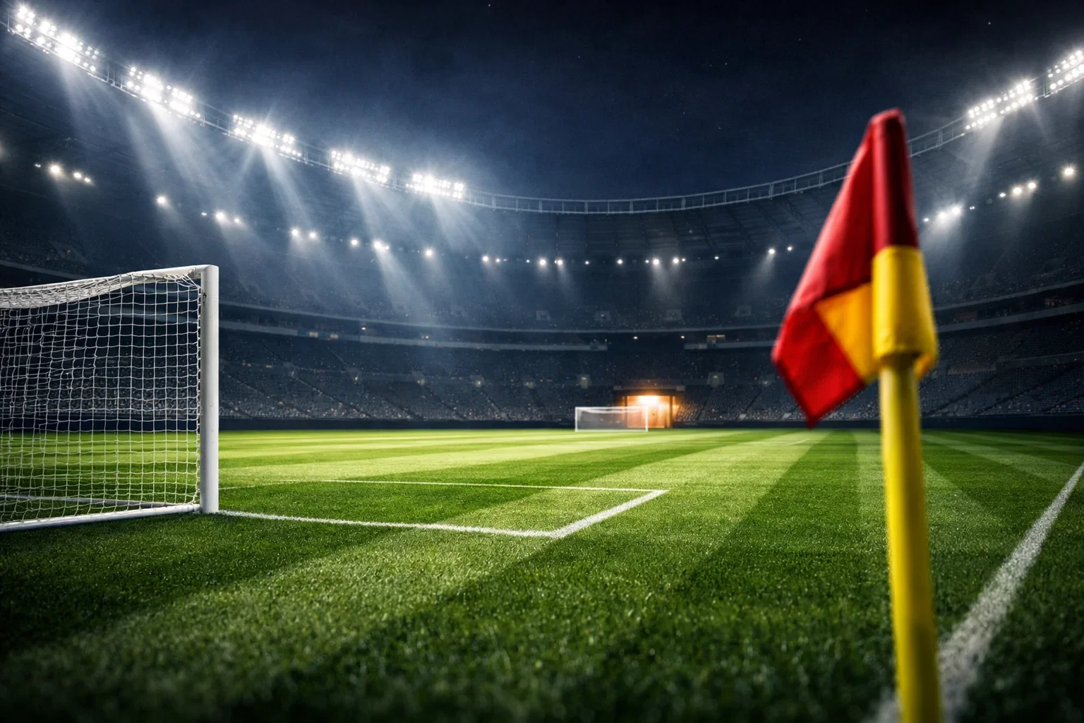 Estadio de fútbol iluminado por focos durante un partido nocturno con césped verde brillante