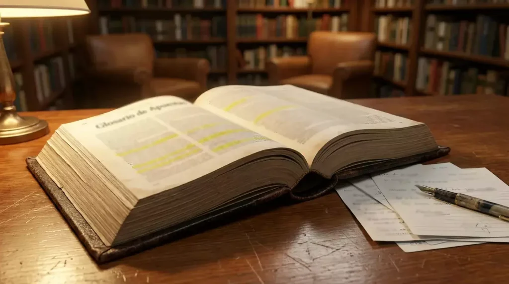 Libro abierto con términos de apuestas deportivas sobre un escritorio junto a un bolígrafo y notas