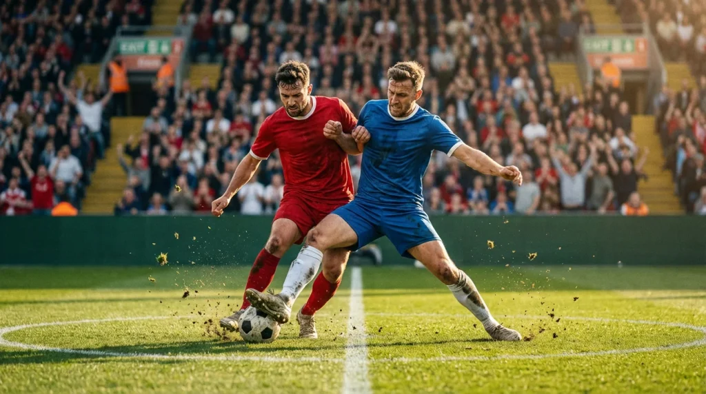 Jugadores de fútbol disputando un balón dividido en el centro del campo con el estadio al fondo