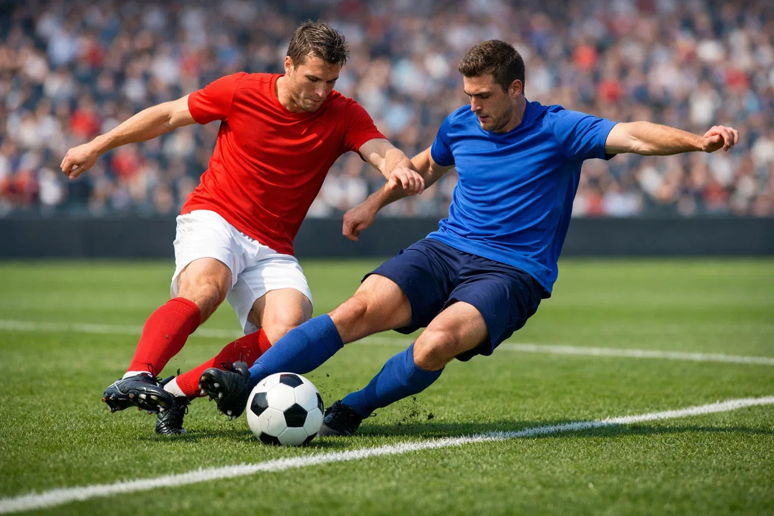Jugadores de fútbol disputando un balón en un partido de competición europea sobre césped natural
