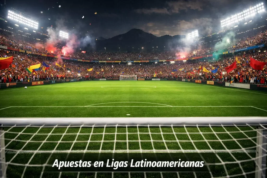 Vista panorámica de un estadio de fútbol latinoamericano lleno de aficionados con banderas de colores