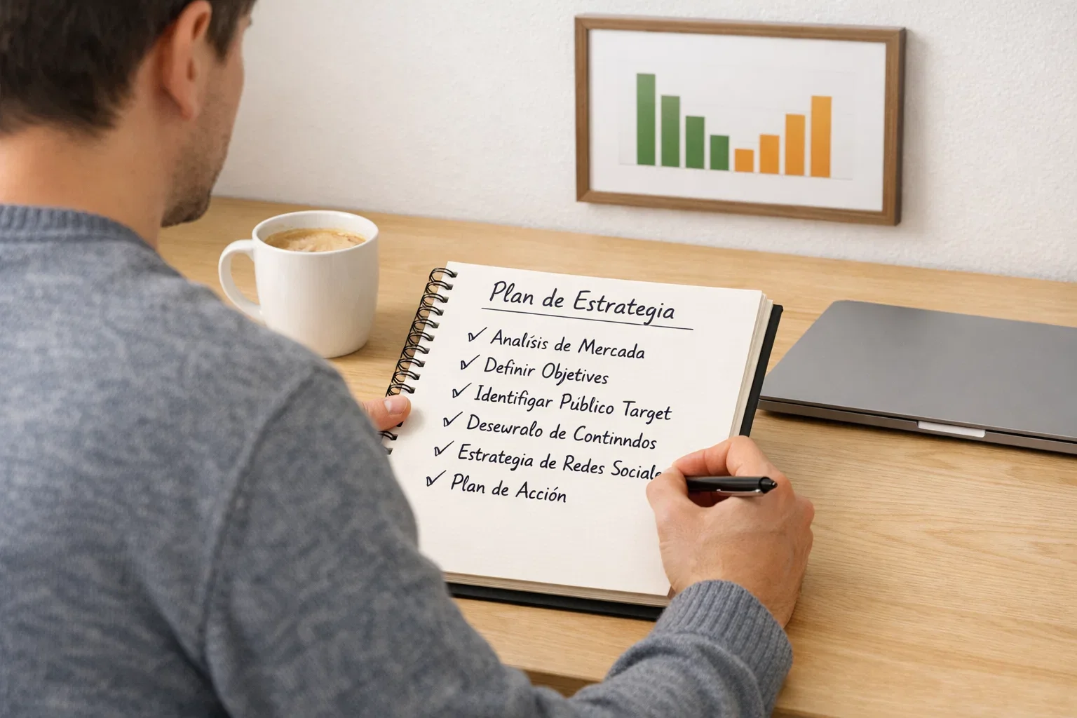 Persona sentada en un escritorio con un bloc de notas planificando su estrategia de apuestas deportivas