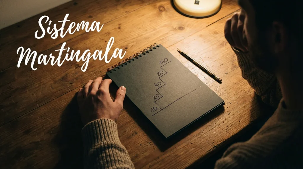 Persona analizando una secuencia de apuestas crecientes en un escritorio con documentos y notas