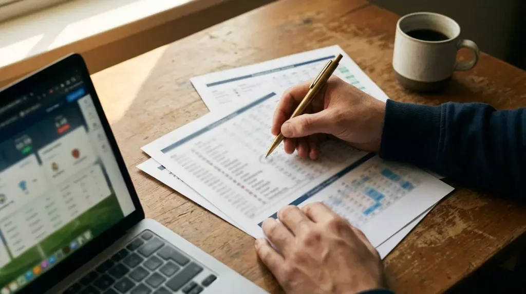 Analista deportivo estudiando estadísticas de fútbol con documentos y gráficos en su escritorio